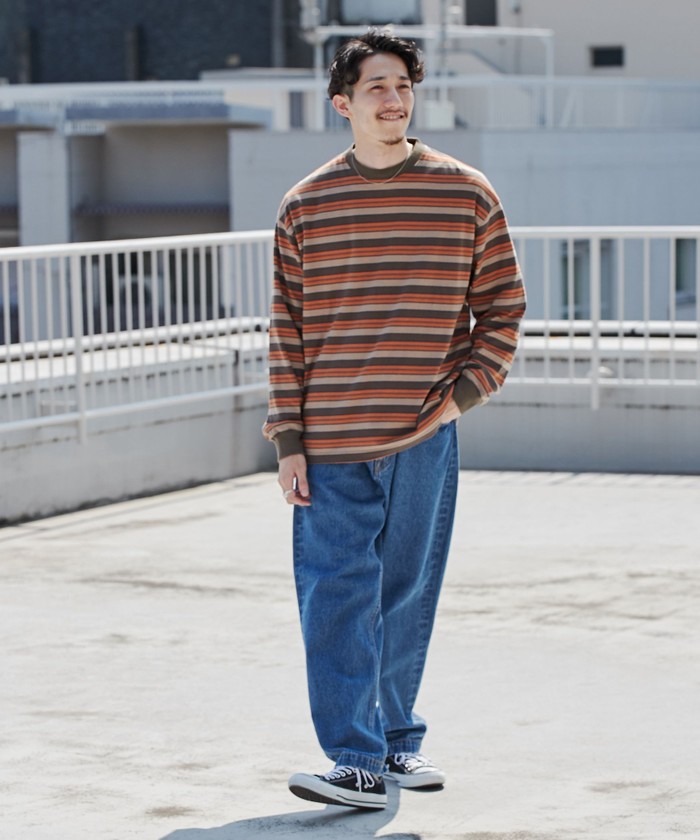 セール】ビッグシルエットマルチボーダーロングスリーブTシャツ