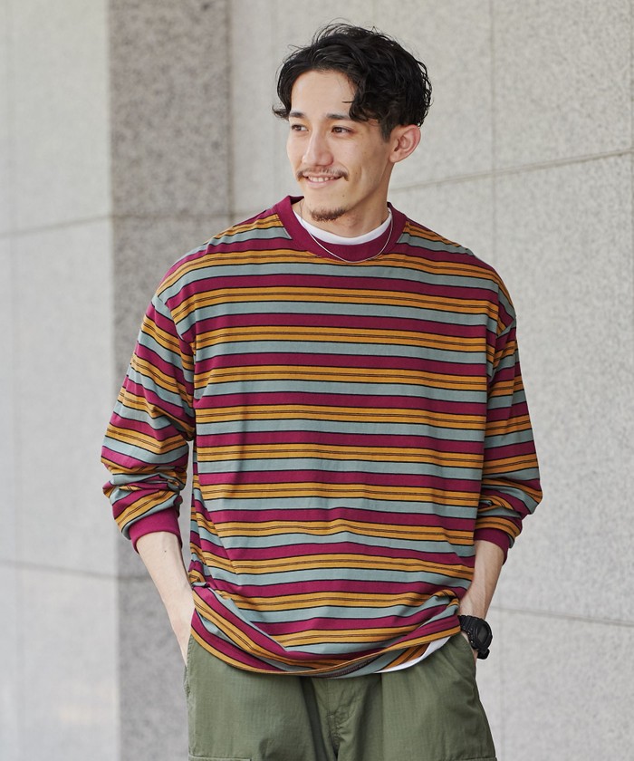 セール】ビッグシルエットマルチボーダーロングスリーブTシャツ