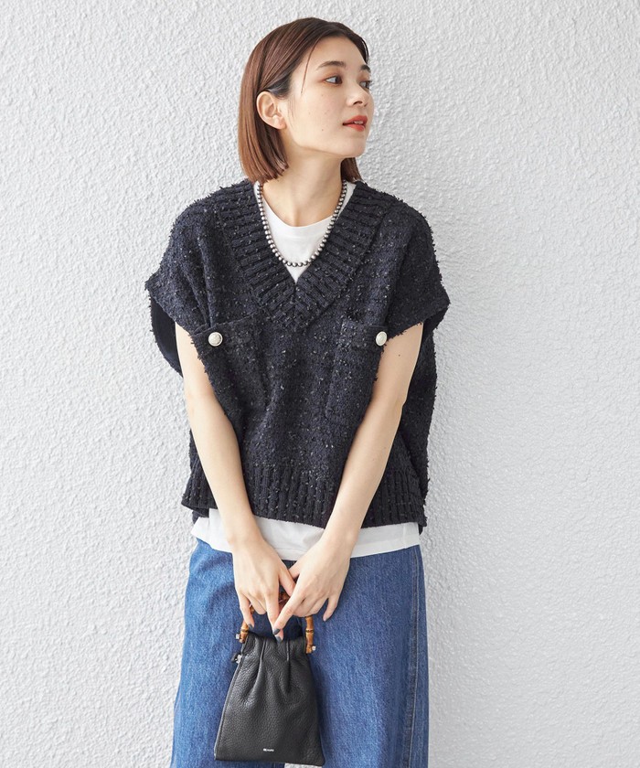 セール 50%OFF】〈手洗い可能〉ニット ツイード Vネック ベスト