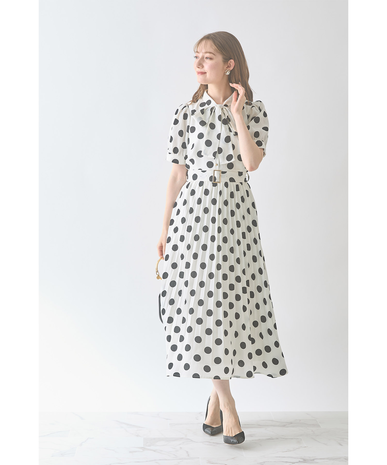 45R インディゴ コットンシルク ポルカドット ワンピース セール】トッコクローゼット tocco closet ベルト付きボウタイ