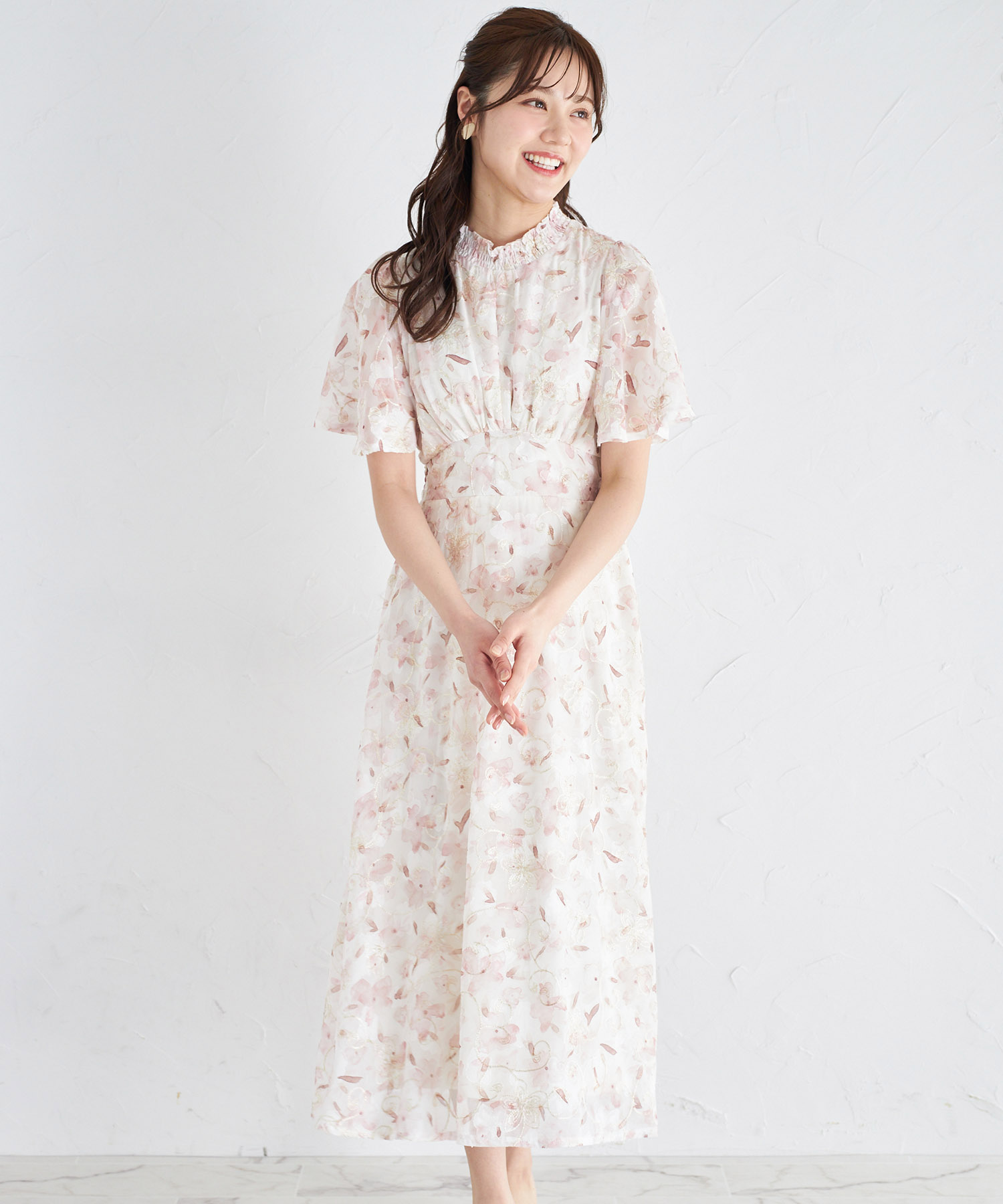 フラワープリント×ジャガード×金刺繍フレアスリーブシャーリング