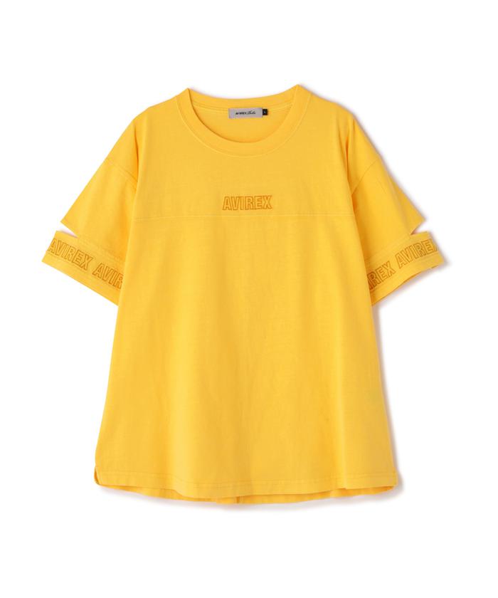FADE WASH CUFFS OPEN EMBROIDERY T－SHIRT/フェイドウォッシュ