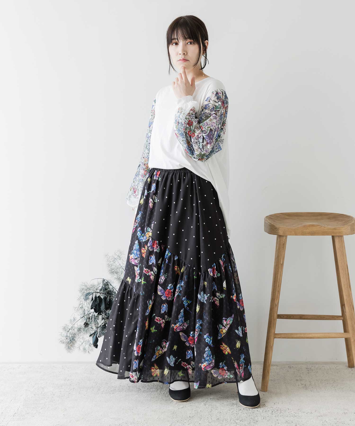 セール】お花アートな蝶柄 ドットシフォンの切替ティアード
