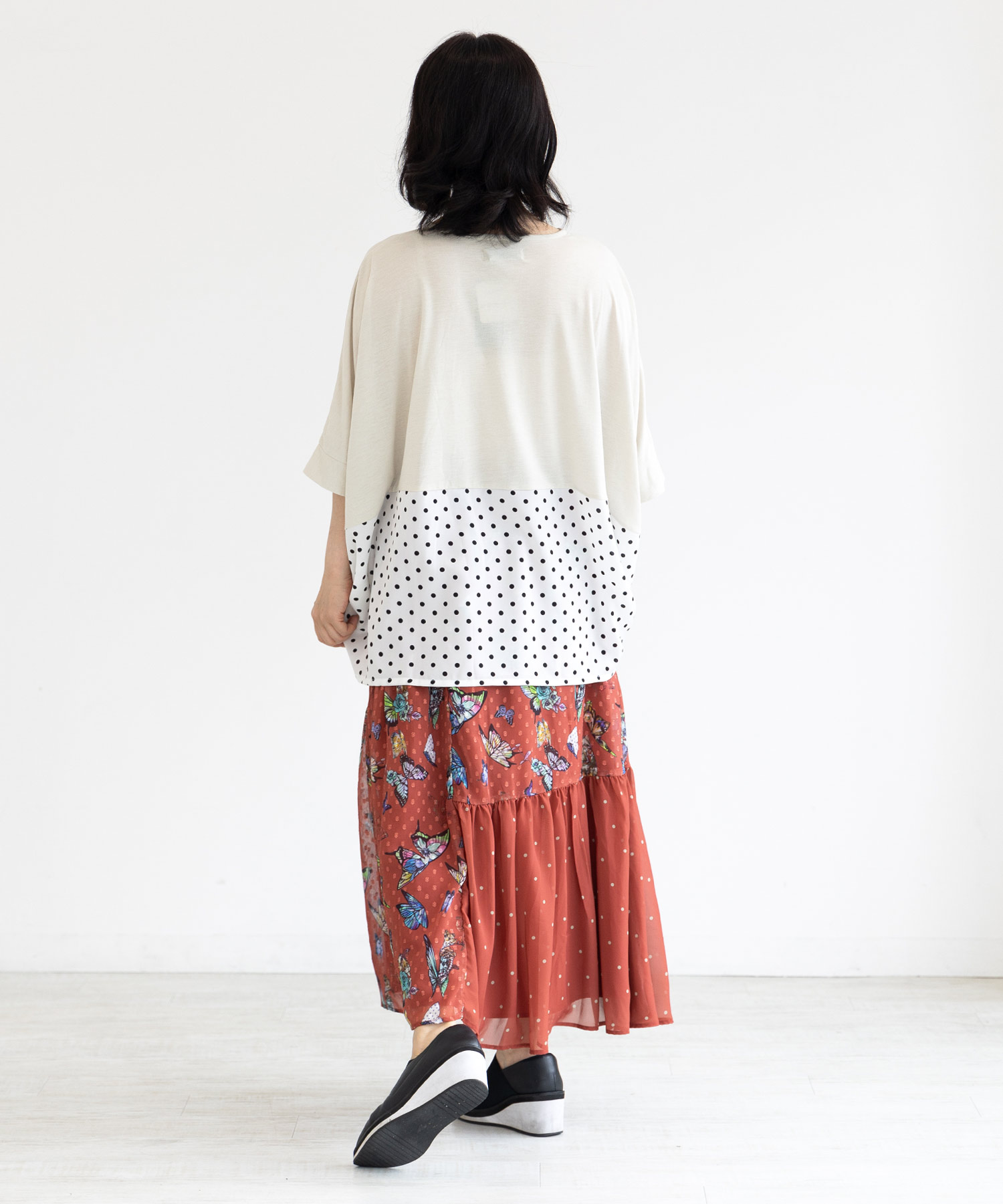 セール】お花アートな蝶柄 ドットシフォンの切替ティアード