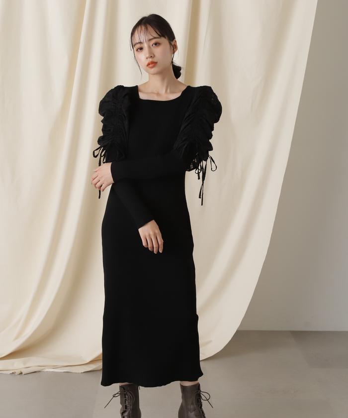 セール 60%OFF】シアーギャザースリーブニットワンピース