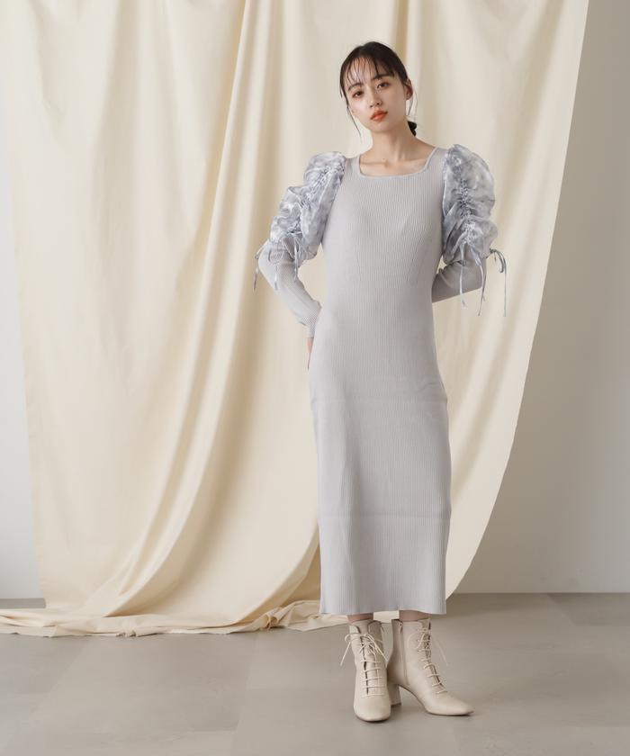 セール 60%OFF】シアーギャザースリーブニットワンピース