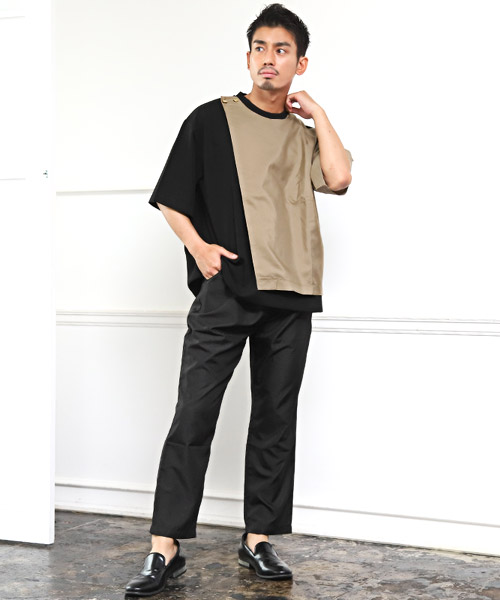 ラグスタイル LUXSTYLE ボタン付き異素材バイカラー5分袖Tシャツ