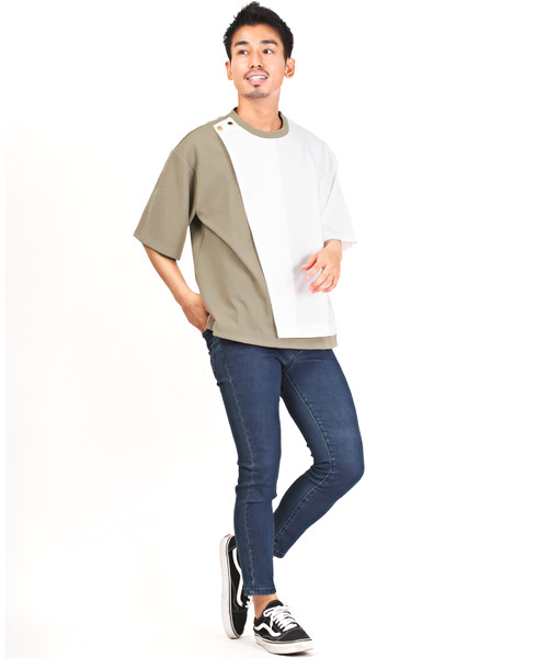 ■DAKS ソリッド素材配色7分丈袖Tシャツ prit｜7分袖 クルーネックビッグポケットワイドプルオーバー