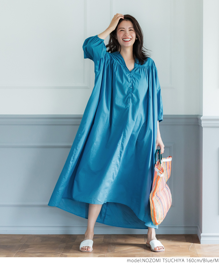 インド綿シアーロングシャツワンピース(ノーカラー/フレア/7分 インド綿シアーロングシャツワンピース(ノーカラー/フレア/7分