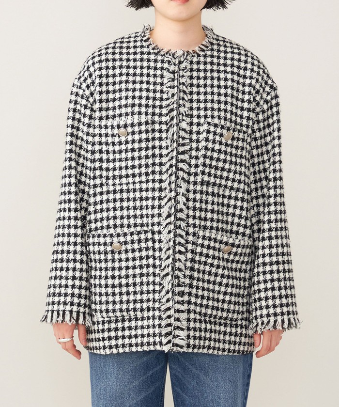 BEARDSLEY ビアズリーフ　ジャケット　ツイード　ノーカラー　チェック セール 30%OFF】quaranciel: チェック ファンシー ツイード ノー