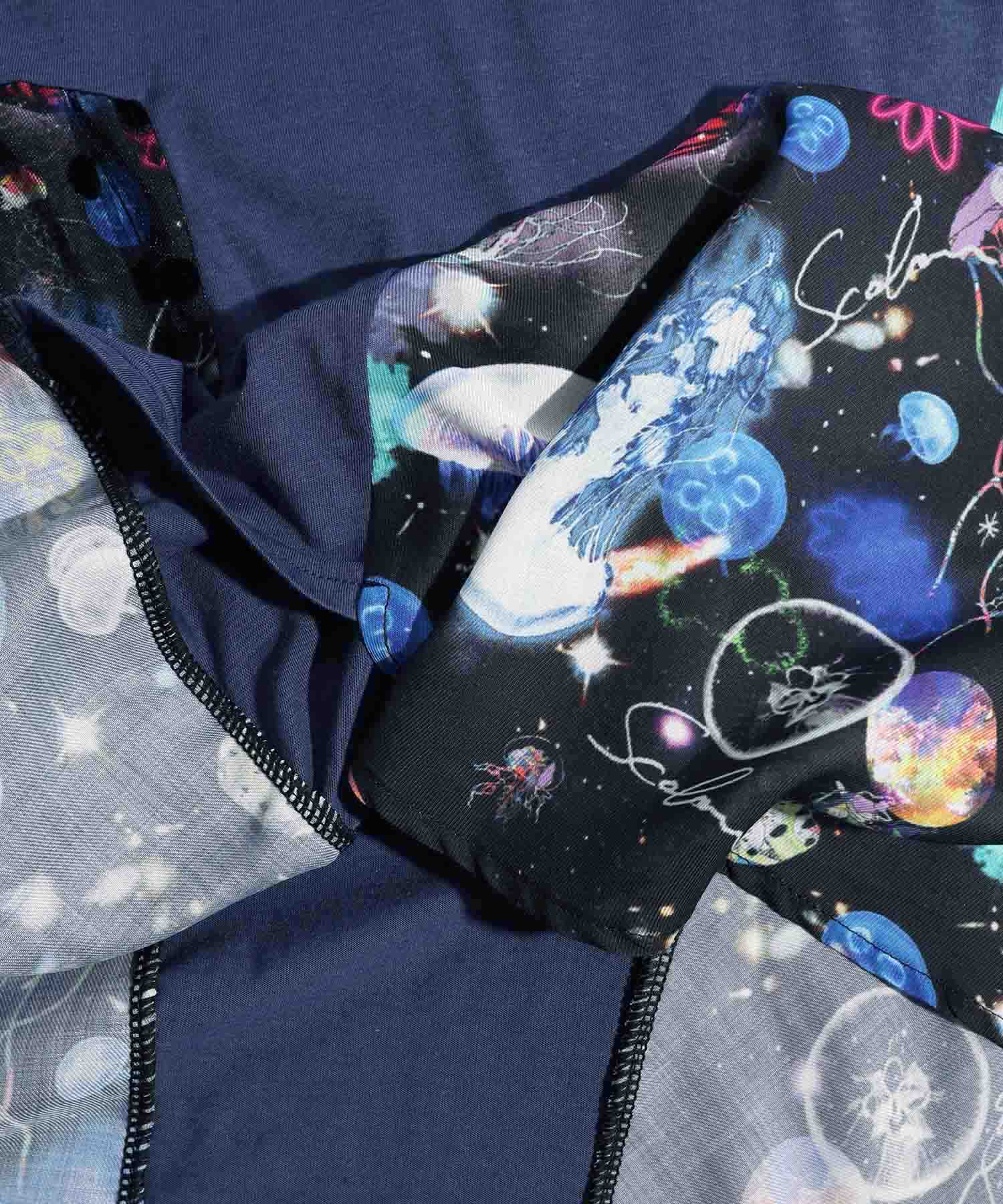 クーポン】【セール 20%OFF】宇宙クラゲ柄 異素材切替ワンピース クーポン】【セール 20%OFF】宇宙クラゲ柄 異素材切替ワンピース