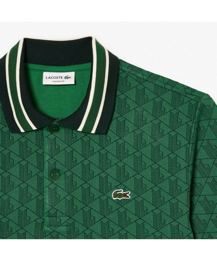 ラコステ LACOSTE モノグラムジャカードポロシャツ （グリーン