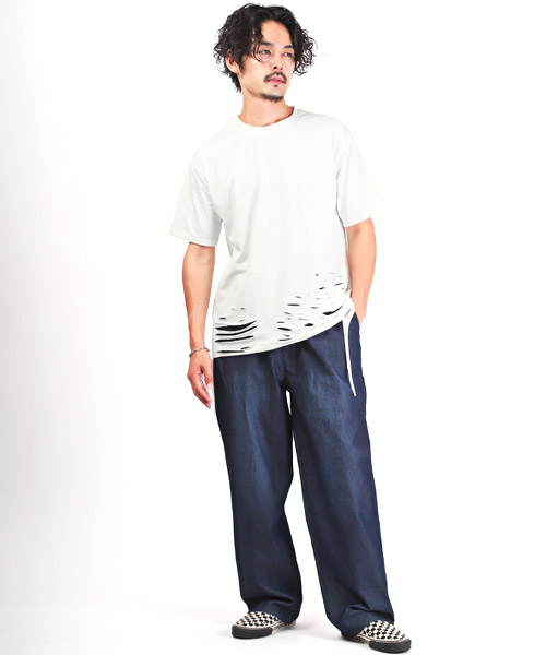 メンズ Tシャツ ダメージ加工 穴あき 破れ パンダ 刺しゅうa0921 r400