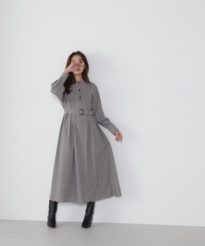 セール】ベルテッドダブルボタンシャツワンピース23AW(505490344