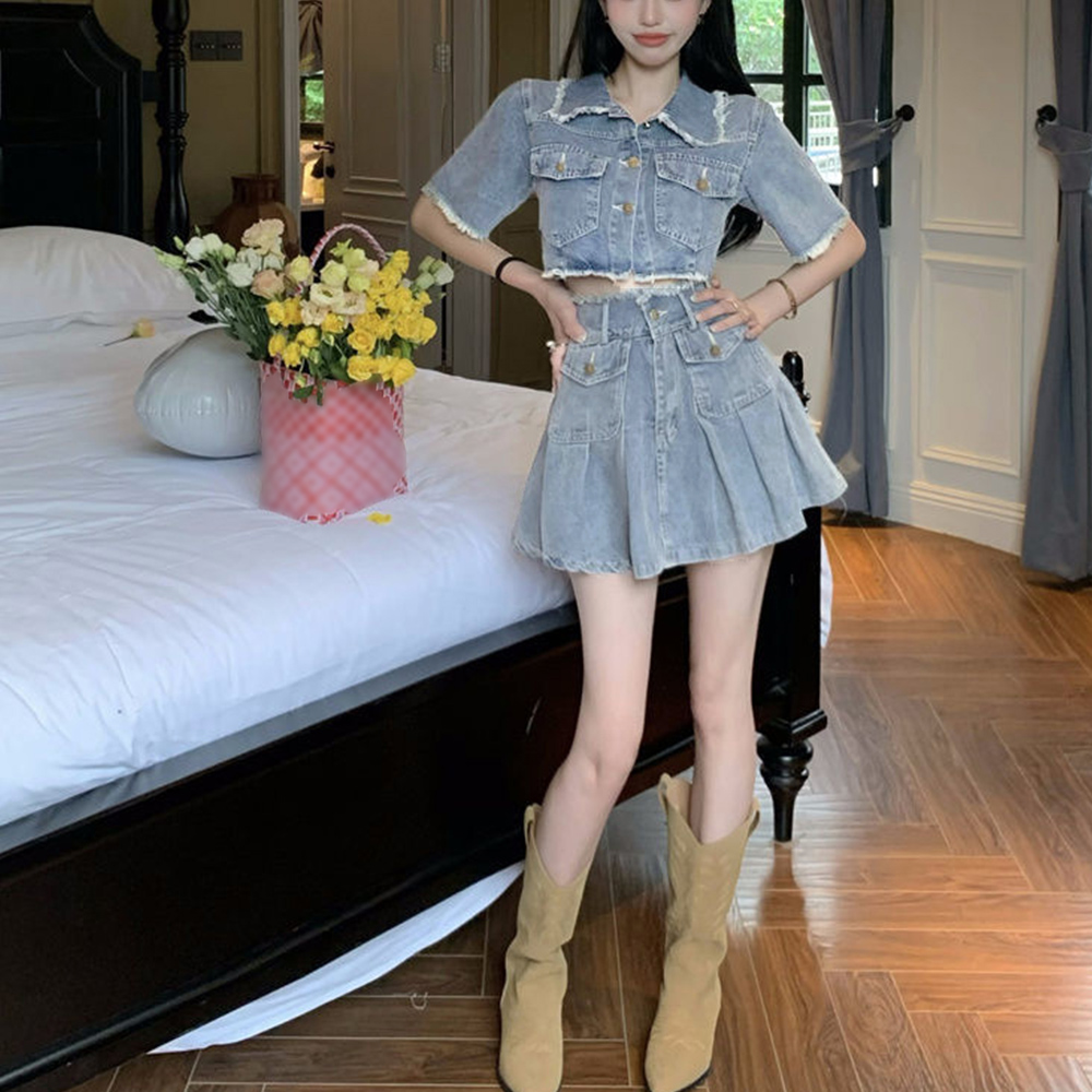 デニム セットアップ オフショルダー ワイドパンツ 韓国 cr4387 クロップド デニム セットアップ ジャケット ワイドパンツ 上下