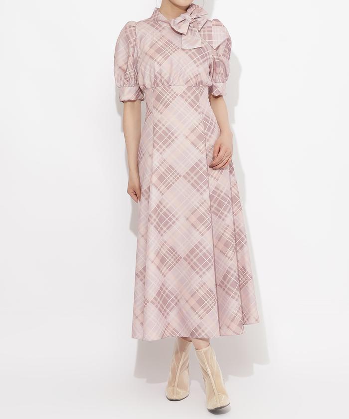 セール 40%OFF】サイドネックリボンチェックワンピース