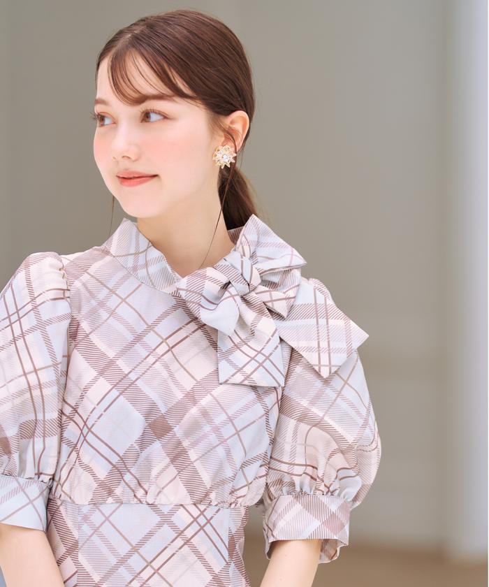 セール 40%OFF】サイドネックリボンチェックワンピース セール 40%OFF】サイドネックリボンチェックワンピース