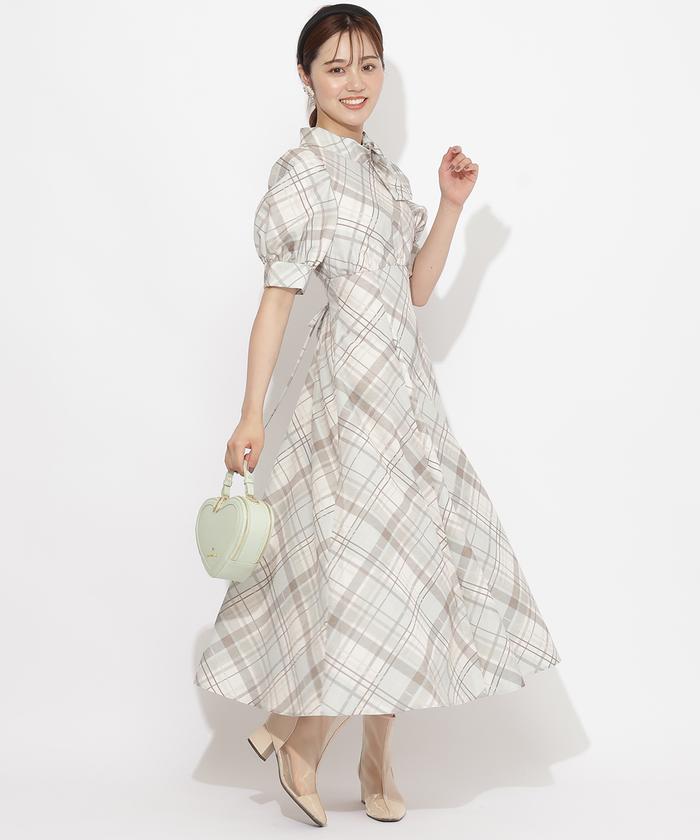 セール 40%OFF】サイドネックリボンチェックワンピース セール 40%OFF】サイドネックリボンチェックワンピース