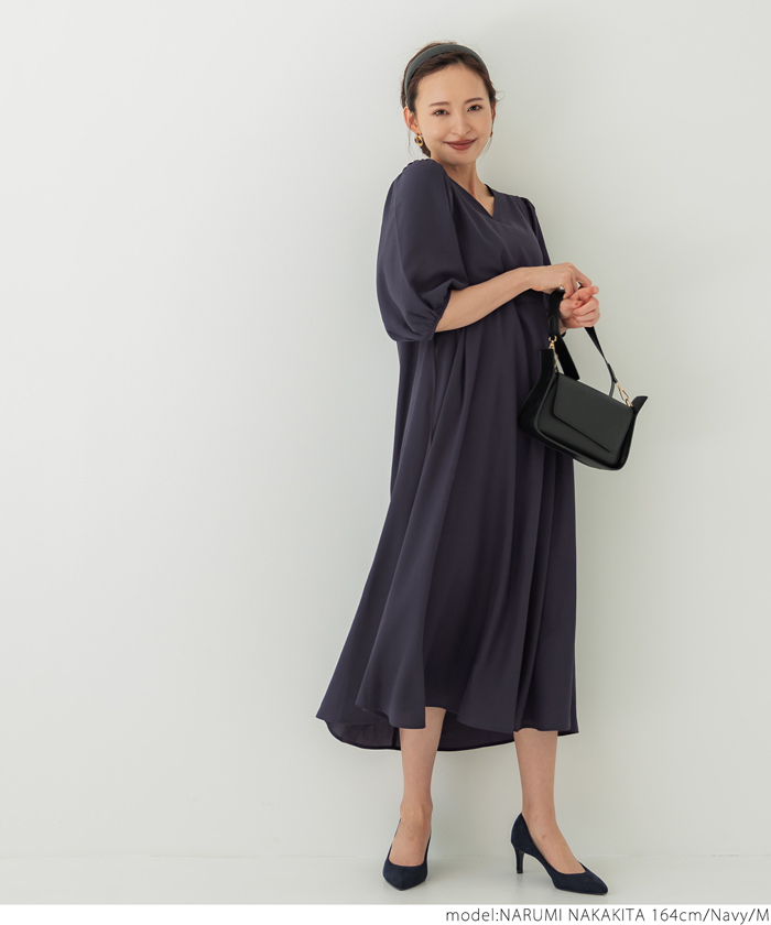 クーポン】【セール 41%OFF】Vネック パフスリーブワンピース