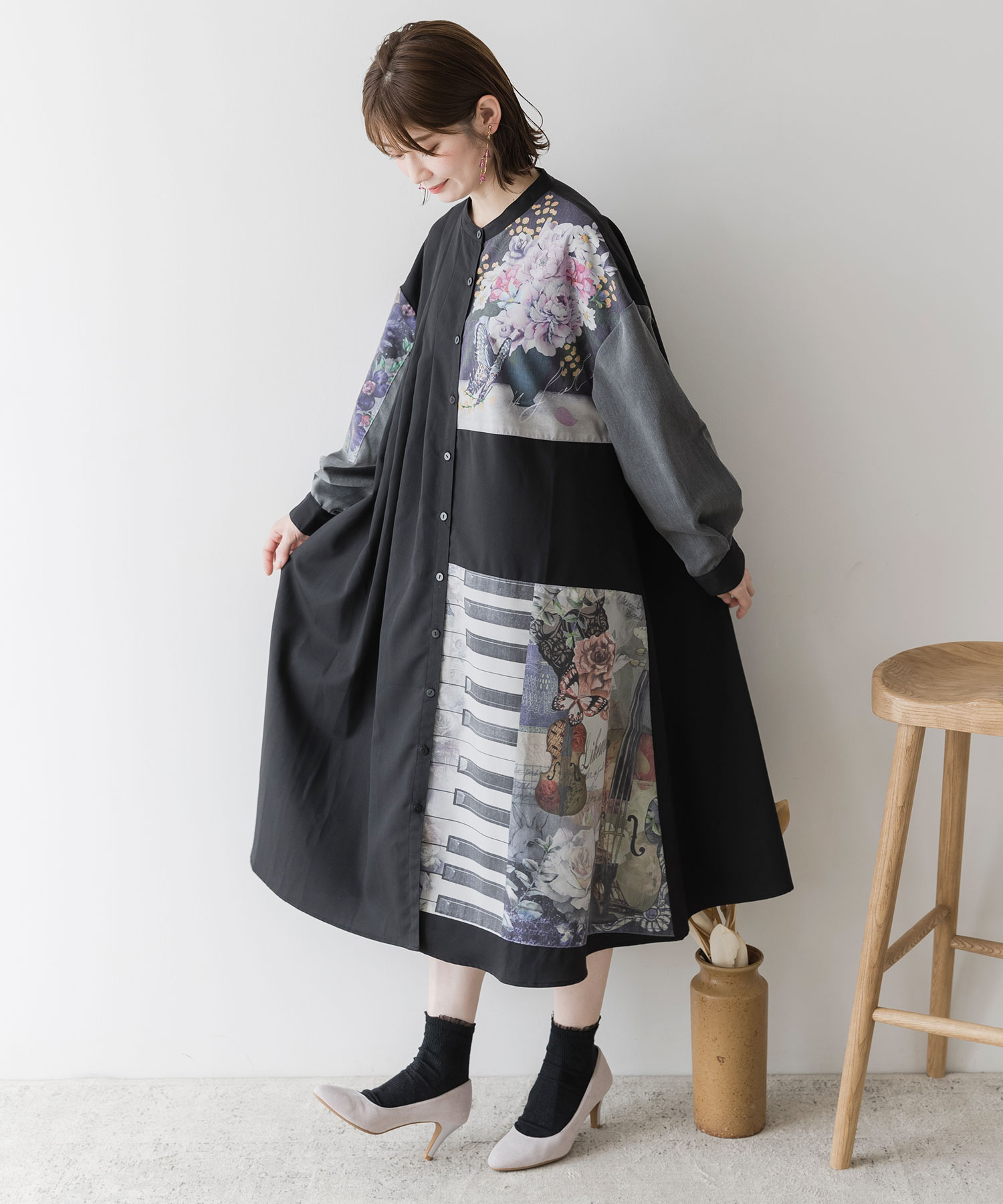 クーポン】花蝶ピアノのコラージュ柄シャツワンピース(505502187