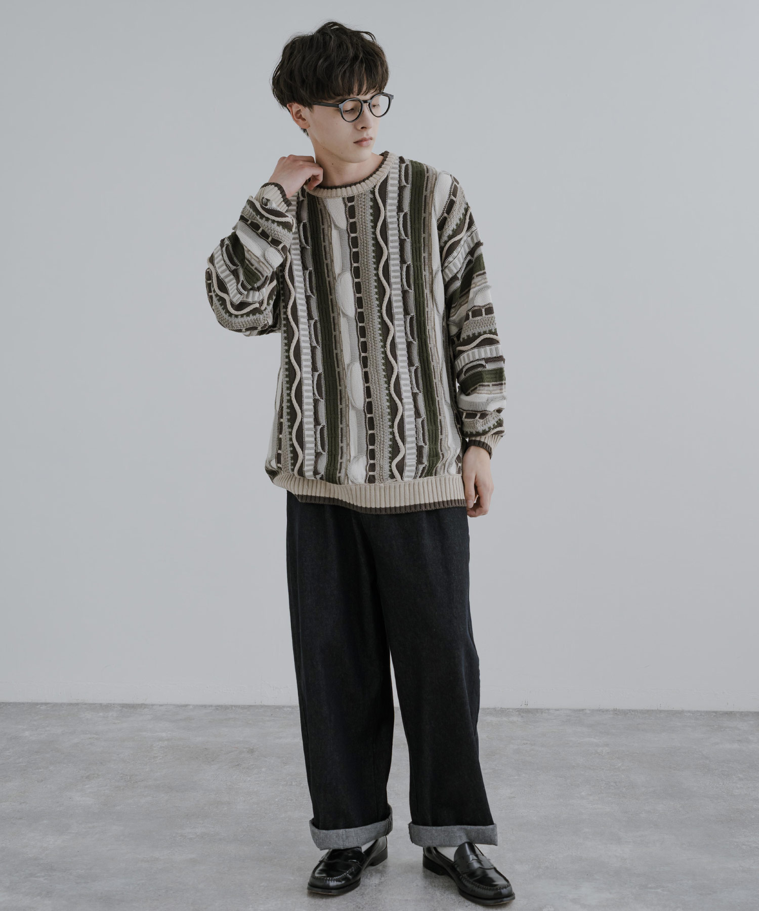 K.  c-boy style 海外ストリートコーデ 3Dニットカーデ L ワンフォークロージング 1111clothing 3D ニット メンズ