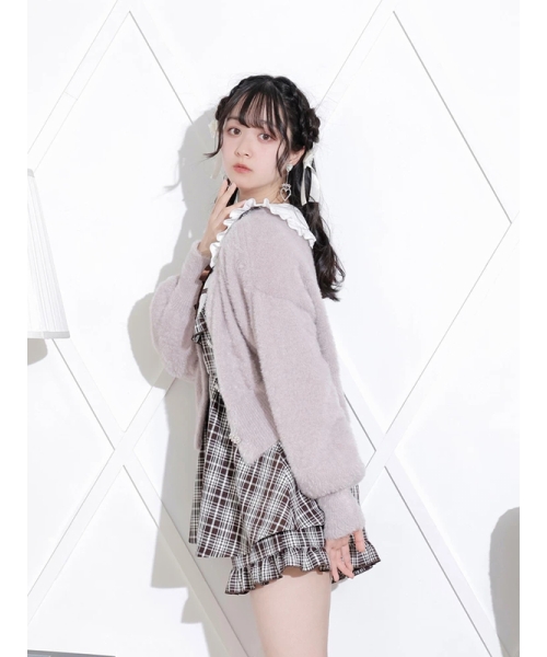 セール】お嬢さんビジューボタンフェザーショートカーディガン セール】お嬢さんビジューボタンフェザーショートカーディガン