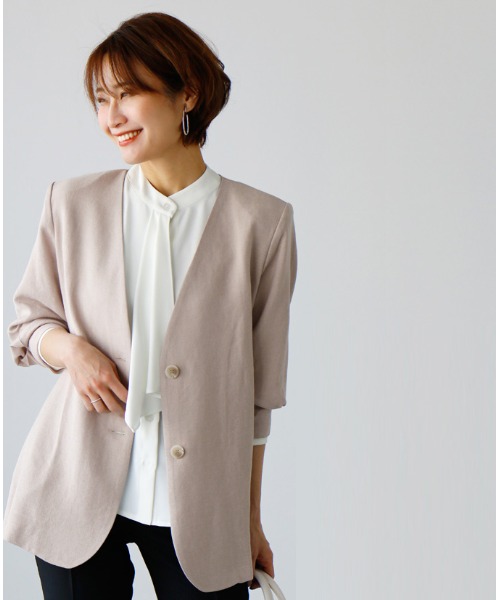 エーレスタイル Ehre style ［お仕事服にも使える］夏でも羽織は外せない！視線アップの夏ボレロカーデ （ベージュ） エーレスタイル Ehre style ［お仕事服にも使える］夏でも羽織は
