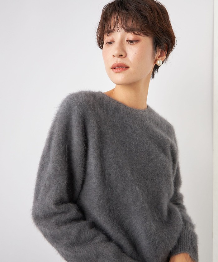 ノーリーズ ヘアリーショート丈クルーネックプルオーバーニット グレーベージュ ノーリーズ ヘアリーショート丈クルーネックプルオーバーニット