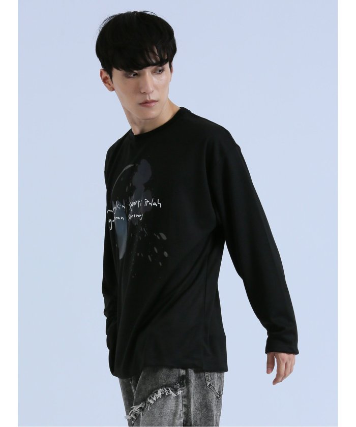水彩アートプリント クルーネック 長袖 メンズ Tシャツ