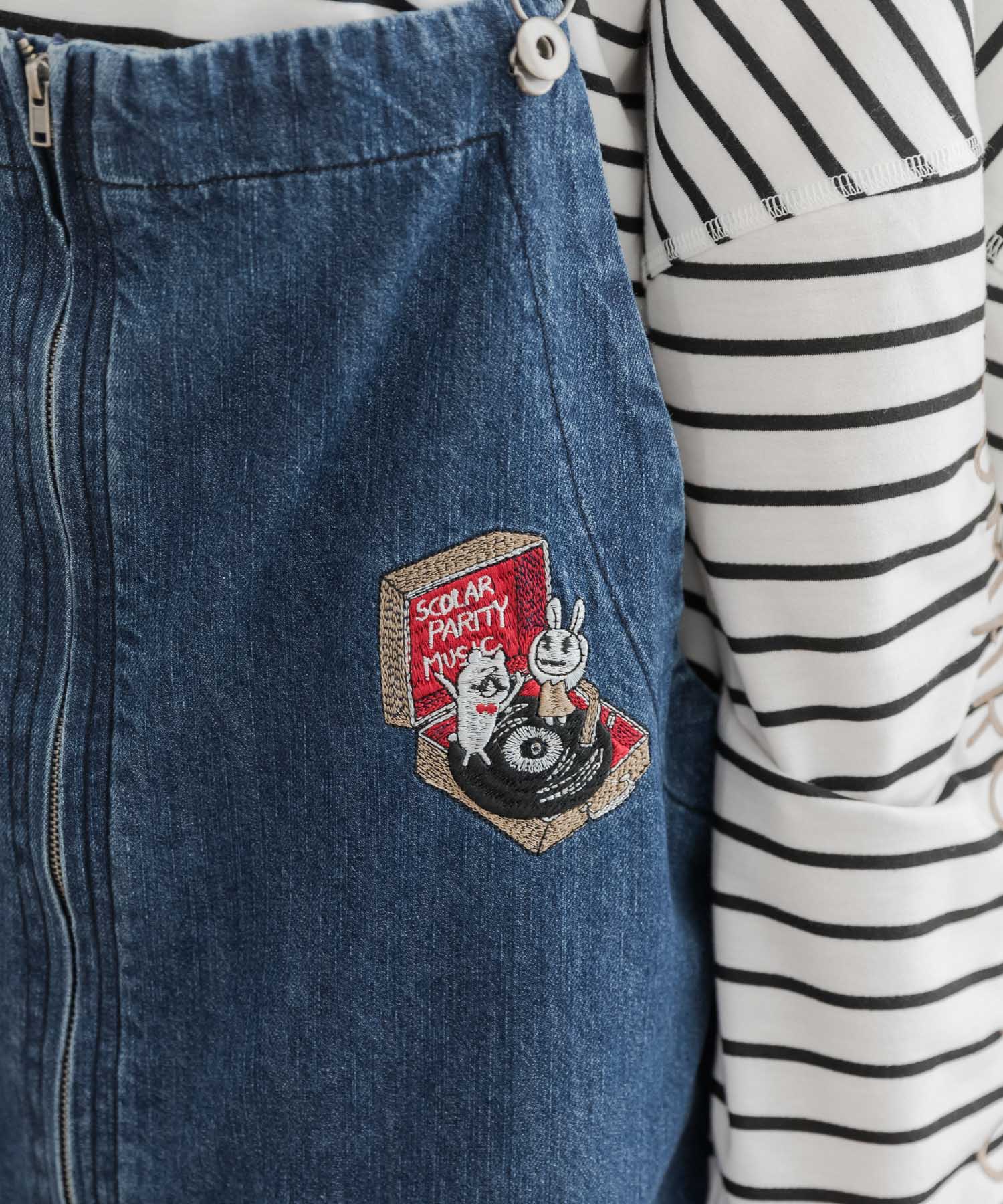 Scolar Parity レコードを回すウサギとクマの刺繍オーバーオール M