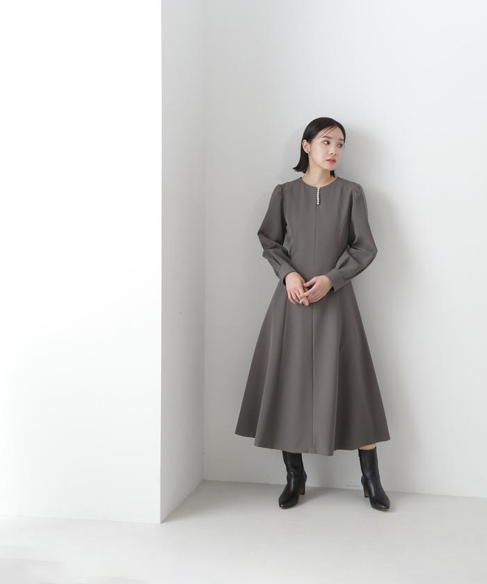 BLAMINK スリットネックワンピース　美品 ウールチェックスリットネックワンピース | BLAMINK (Women