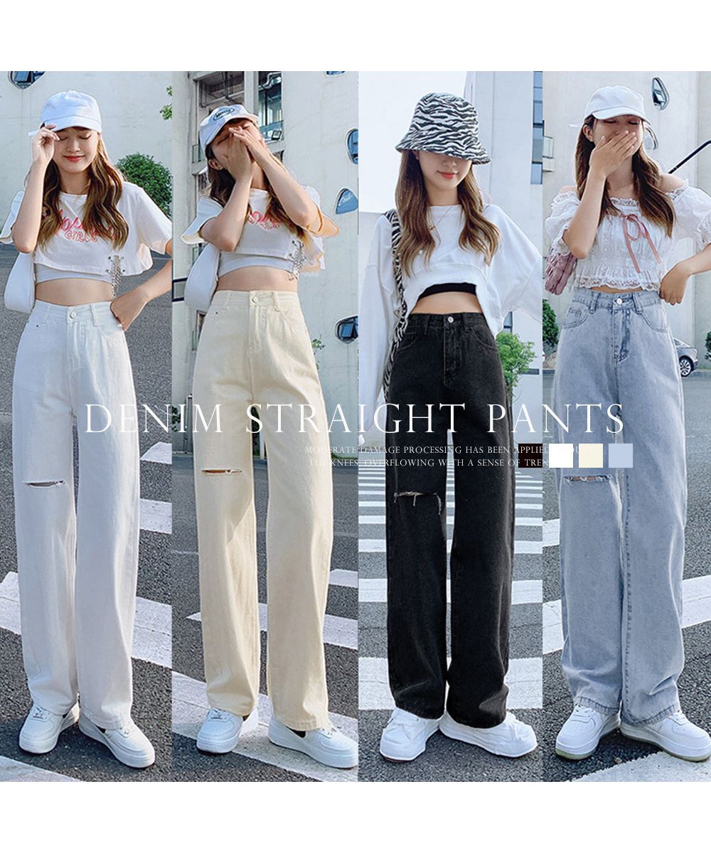 セール】デニムストレートパンツ ダメージジーンス(505297241