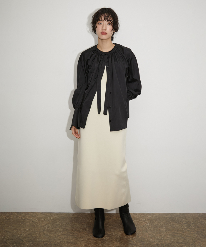 アダムエロペ　ギャザーネックシルキーシャツ セール 50%OFF】【サステナブル】ギャザーネックシルキーシャツ