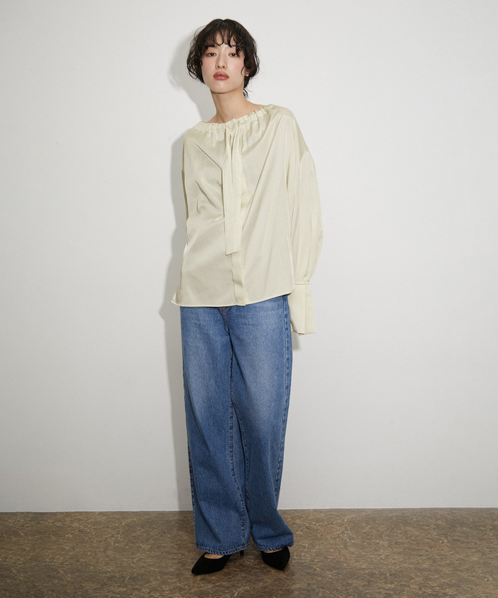 アダムエロペ　ギャザーネックシルキーシャツ セール 50%OFF】【サステナブル】ギャザーネックシルキーシャツ