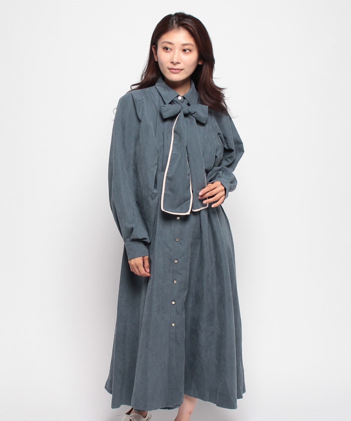 クーポン】【セール60%OFF】起毛ツイル配色ボウタイワンピース