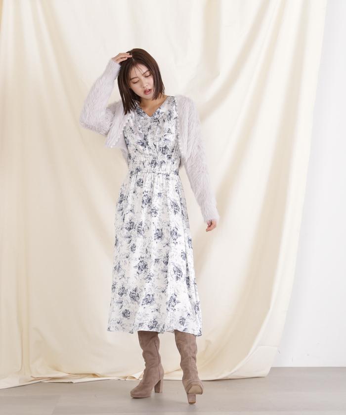 セール 40%OFF】フラワープリントサテンラッフルワンピース