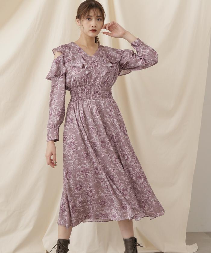 セール 40%OFF】フラワープリントサテンラッフルワンピース