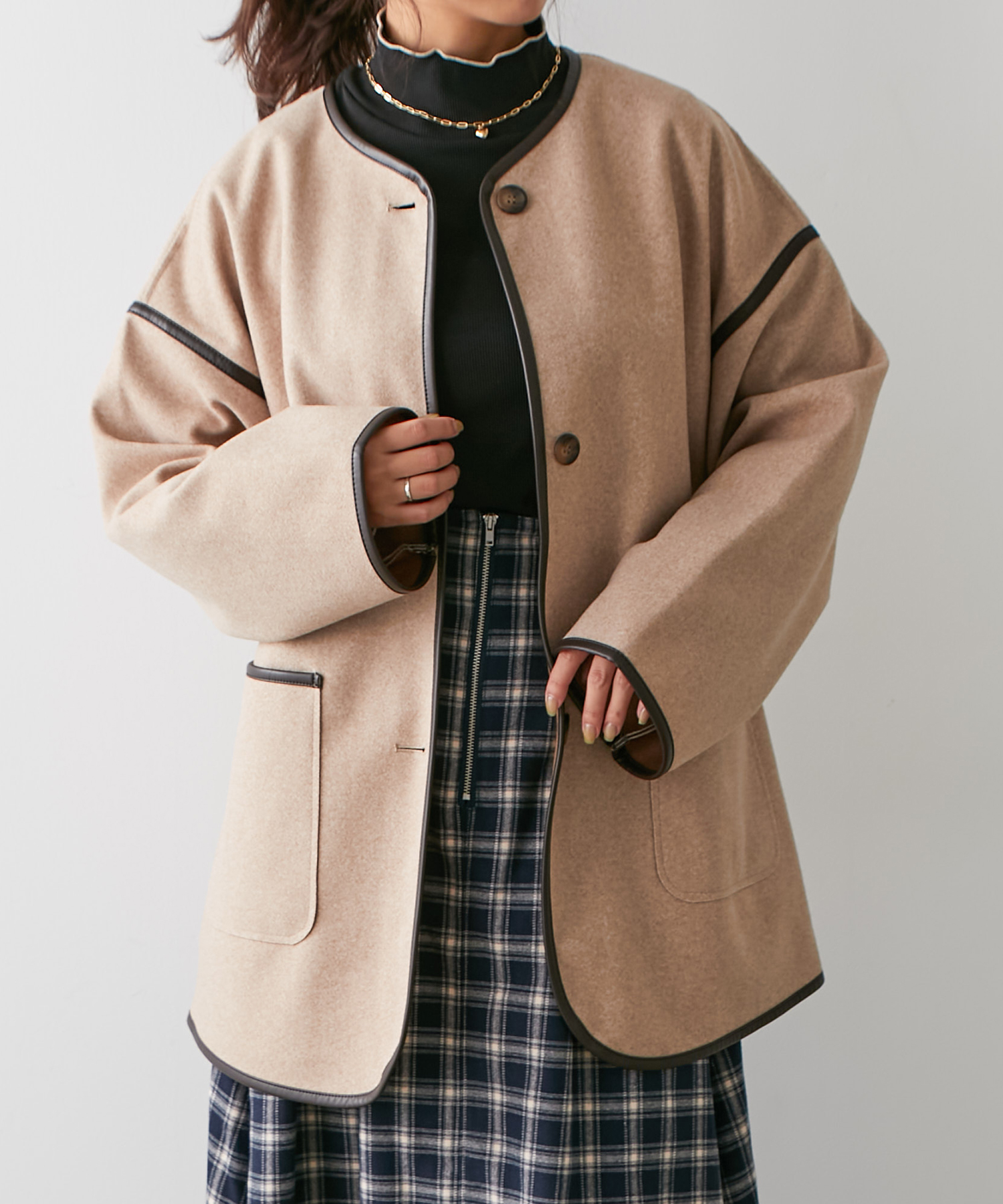 クーポン】【セール 40%OFF】パイピングノーカラーコート