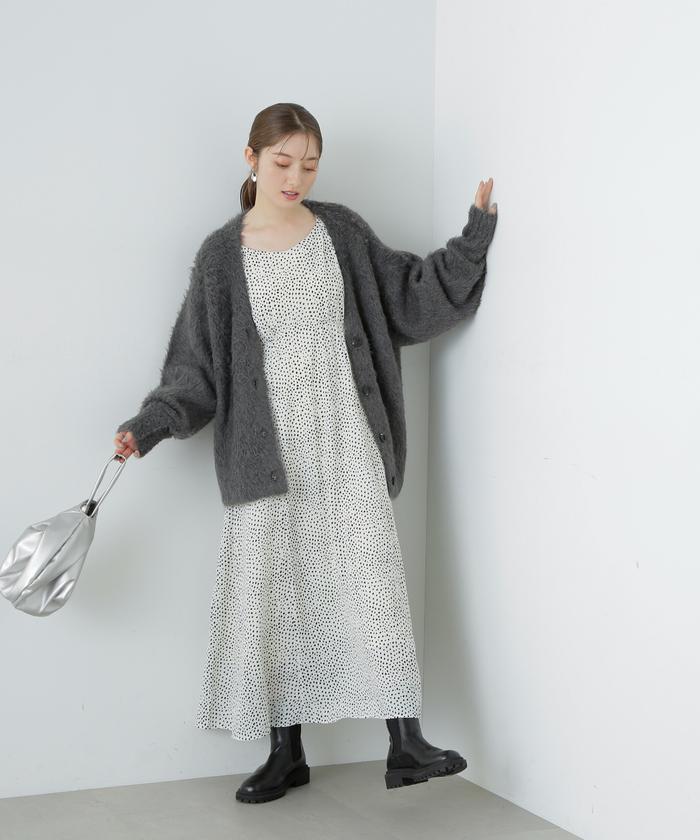 SinceThenキュート vネック プリント リボン ショートワンピース セール 50%OFF】変形ドットプリントVネックワンピース《S Size