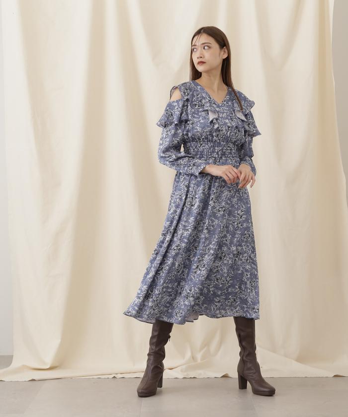 セール 40%OFF】フラワープリントサテンラッフルワンピース