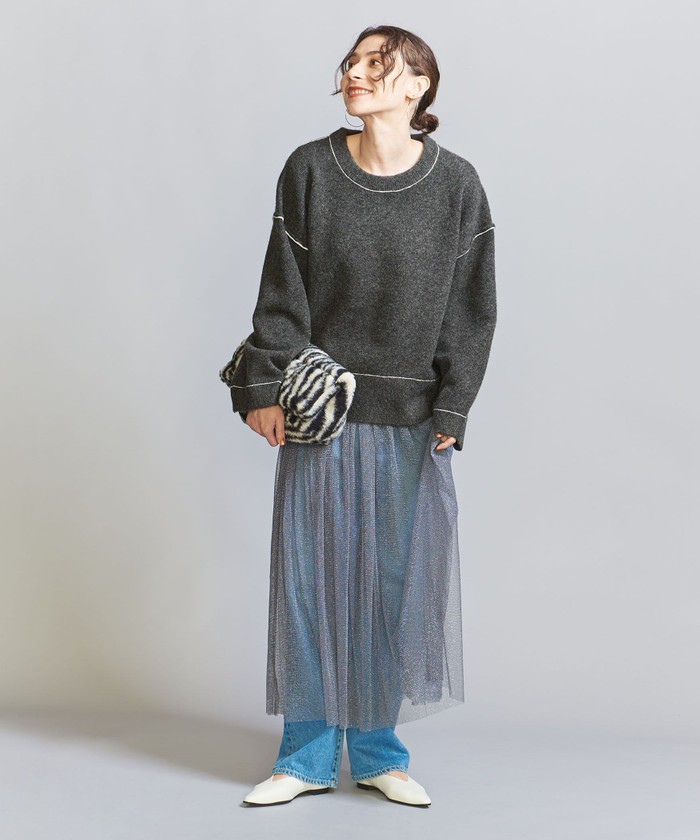 WEB限定】キャメルミックス ステッチワイドニットプルオーバー-