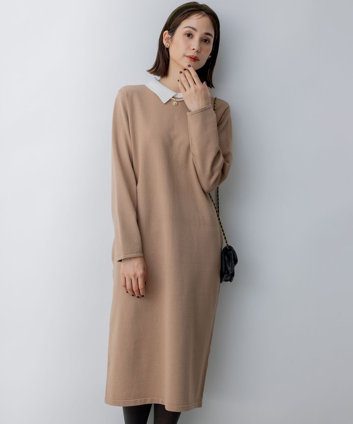 【新品】組曲　Elena襟付き パール ニットワンピース ベージュ 2 M 新品】組曲 Elena襟付き パール ニットワンピース ベージュ 2 M