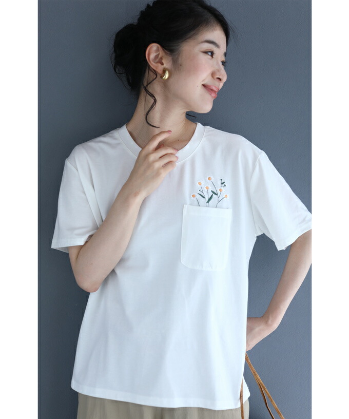 カワイイ CAWAII ポケットから覗くマーガレット刺繍Tシャツ カワイイ CAWAII ポケットから覗くマーガレット刺繍Tシャツ