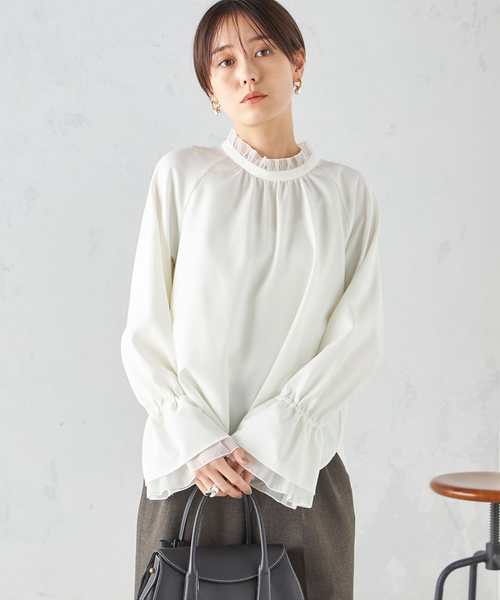 手洗い可能〉フリル ネック オーガンジー ダブル スリーブ ブラウス
