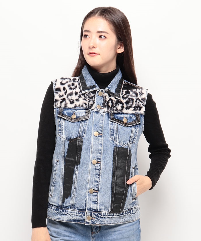 デシグアル Desigual アニマルプリント デニムジレ （ブルー） デシグアル Desigual アニマルプリント デニムジレ （ブルー