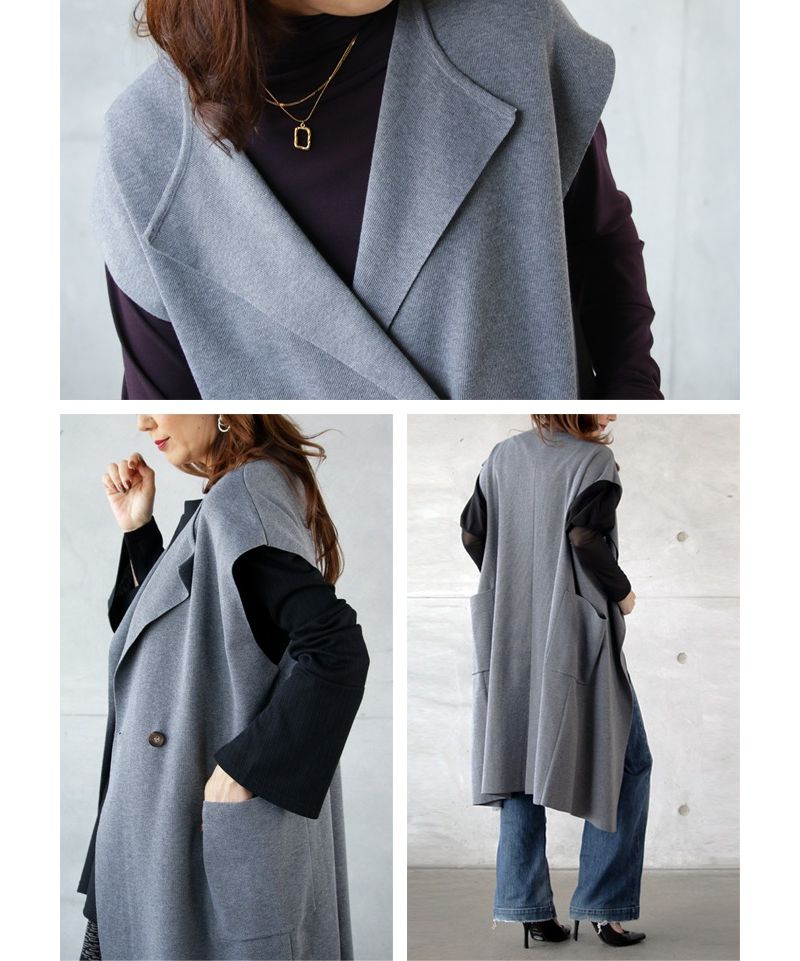 DRESSLAVE◆ロングベストカーディガン(厚手)/38/ウール/GRY/無地/99002000/カシミヤ混 オトナ OTONA ロングベスト ジレ ニット レディース グレー 春