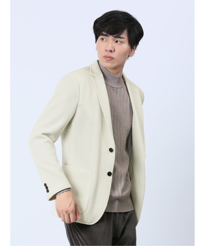 メンズ ボタンアップジャケット セール】ストレッチニット スリムフィット 2ボタンジャケット 紺
