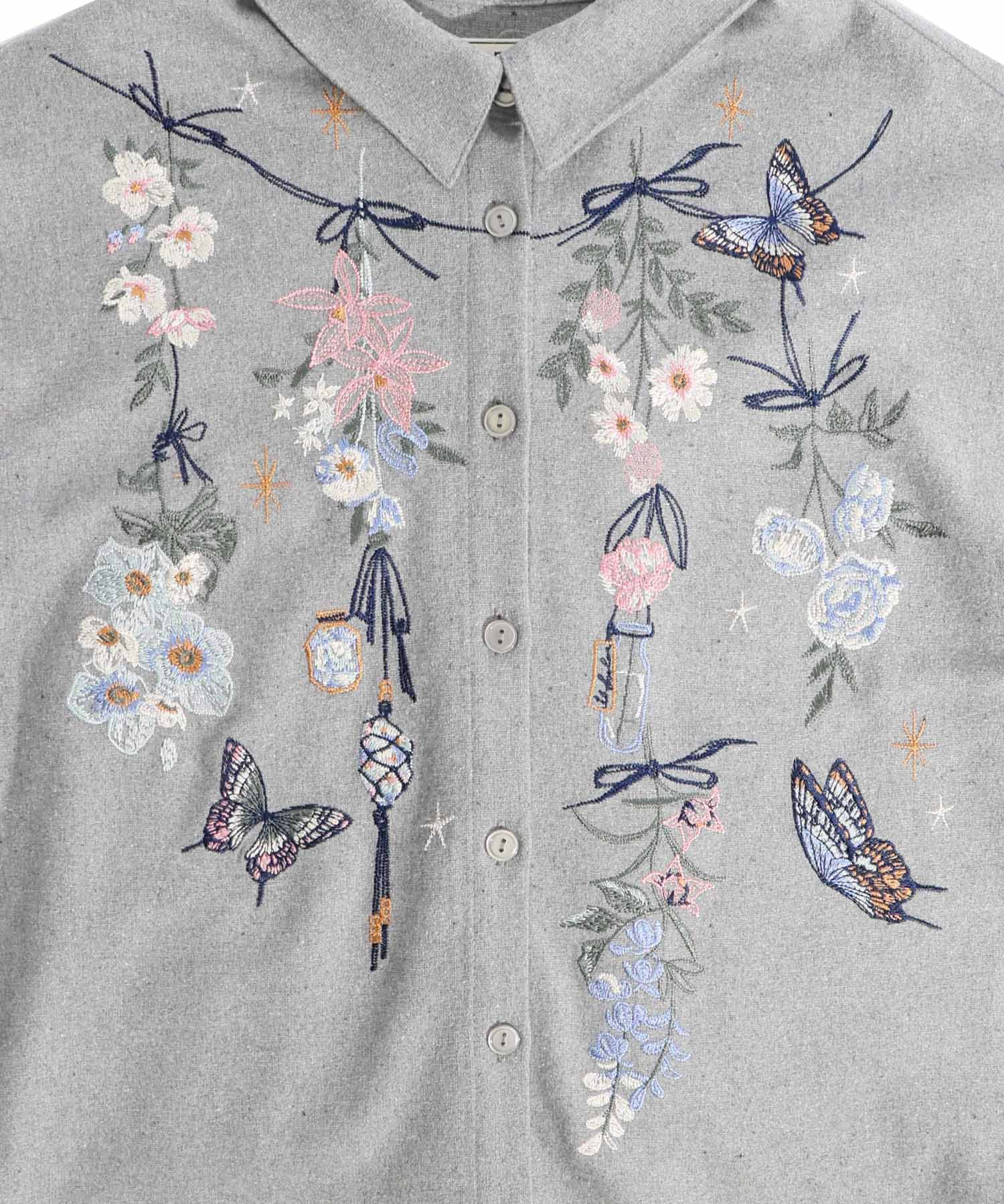 セール】スカラー ScoLar 花蝶刺繍 フェイクウールシャツ