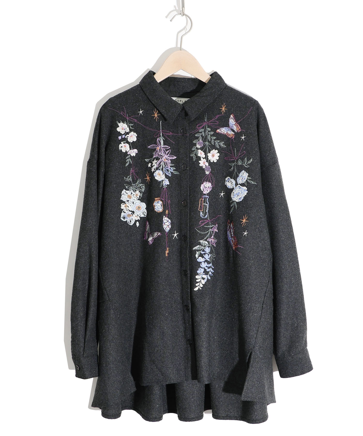 セール】スカラー ScoLar 花蝶刺繍 フェイクウールシャツ