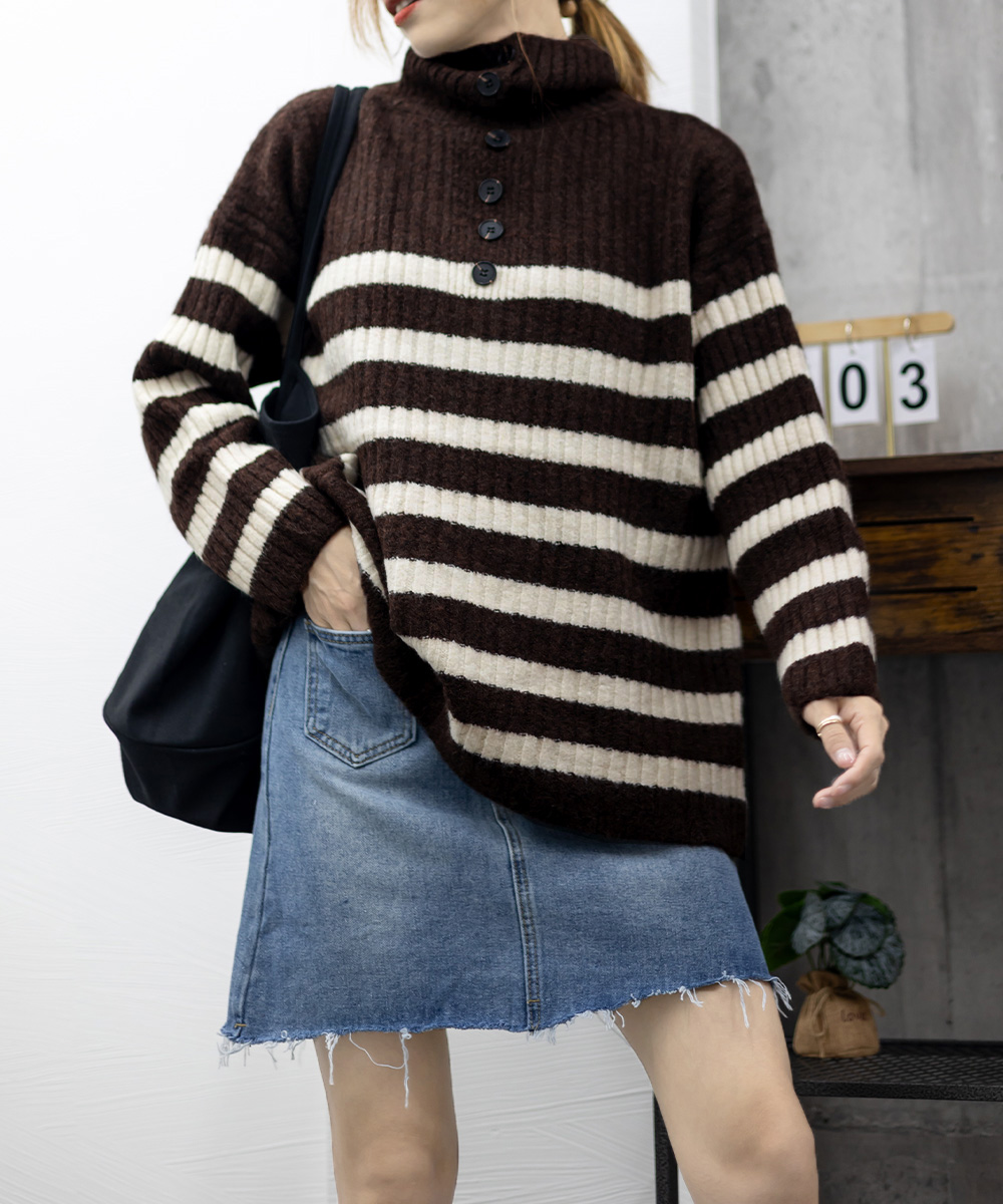 クーポン】【セール 30%OFF】ボーダーニット 韓国 ハイネック